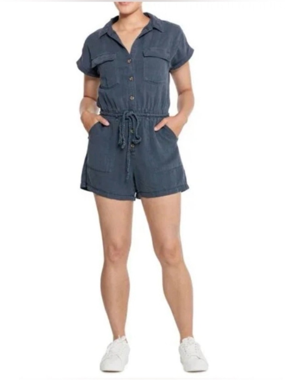 Nicole Miller Casual Short-Sleeve Tie-Waist Romper in Slate Blue